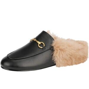 Black Leather Fur-Lined Horsebit Loafers